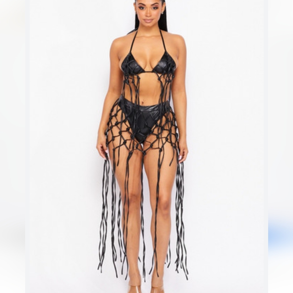 Hot & Delicious  faux leather fringe bikini set